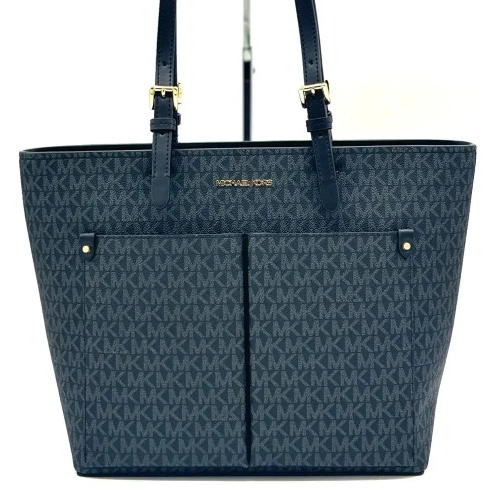 Michael Kors Jet Set Medium Pocket Tote Bag NWT Black Signature